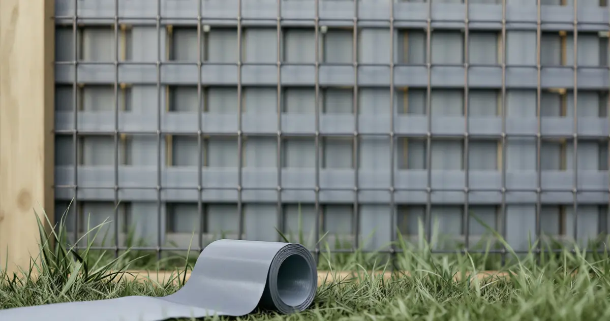 Doppelstabmatte in Anthrazit mit grauen Sichtschutzstreifen in allen Reihen, davor im Gras eine angefangene Rolle Streifen