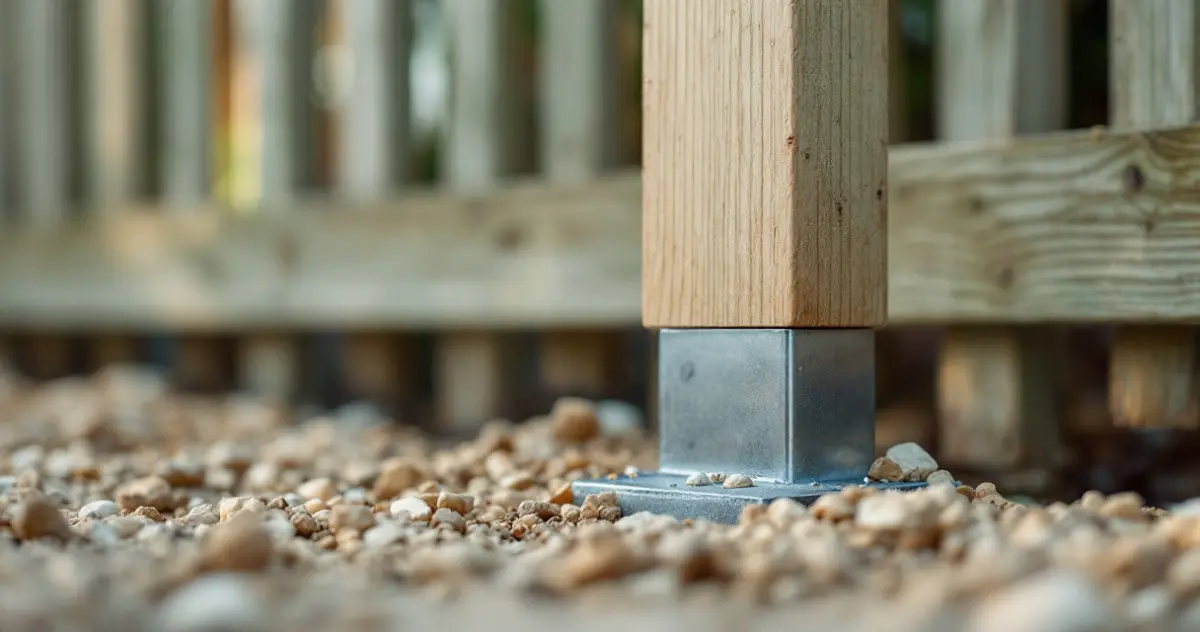 Fuß eines Holzpfostens in einem verzinkten Pfostenträger mit Fußplatte, umgeben von Kies; dahinter unscharf ein Holzzaun